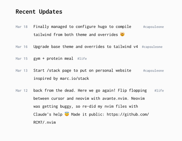 A list of recent updates detailing various tasks and activities.