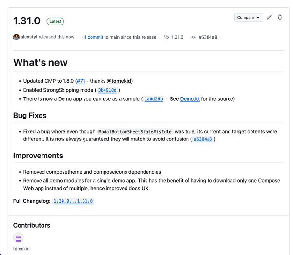 The image displays a GitHub release note for version 1.31.0 of a software project.