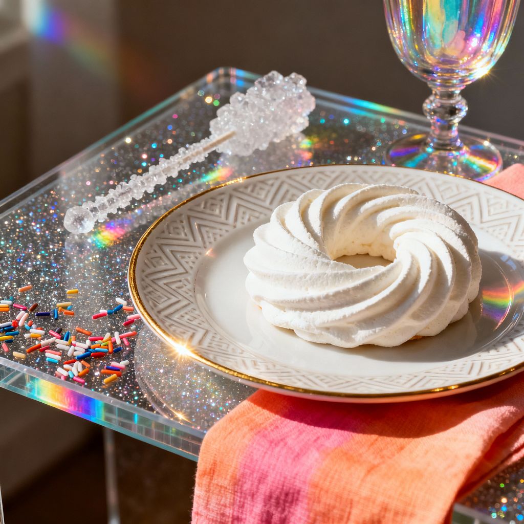 Close-up of a Candy Land–inspired dessert setting on a sparkling, holographic acrylic table. A white porcelain plate with a geometric border and gold rim holds a swirled white meringue. Beside it, a clear rock-candy stick and scattered rainbow sprinkles echo the playful theme. An iridescent goblet glows in sunlight, while a coral-to-pink ombré cotton napkin drapes under the plate as prism-like reflections dance across the glittering surface.