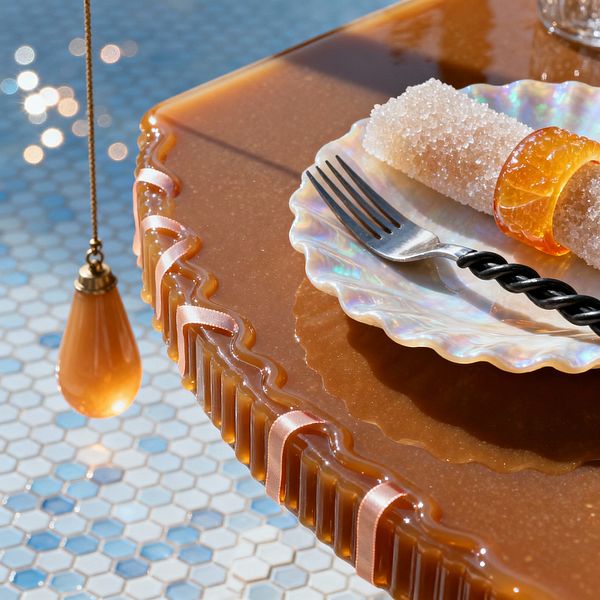 Close-up of a whimsical Candy Land dining vignette: a glossy caramel-toned resin table with scalloped edges threaded by pink satin ribbon supports an iridescent scalloped plate holding a sugar-crystal napkin wrapped by an amber acrylic ring beside a fork with a twisted black handle. Pale blue hexagon mosaic tile sparkles in the background, while a small amber glass pendant with brass hardware hangs near the table’s corner.