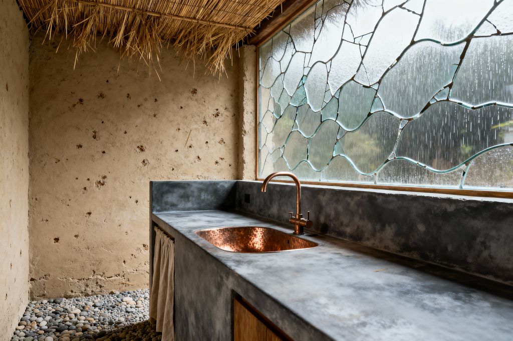 A wabi-sabi kitchen with a long gray concrete countertop and integrated backsplash beneath a large window formed from irregular, wavy pieces of textured glass. At the center is a hammered copper sink with a matching copper faucet. The walls are rough earthen plaster flecked with straw, the ceiling is reed thatch, and the floor is covered in rounded river pebbles, with a linen curtain concealing storage below the counter.
