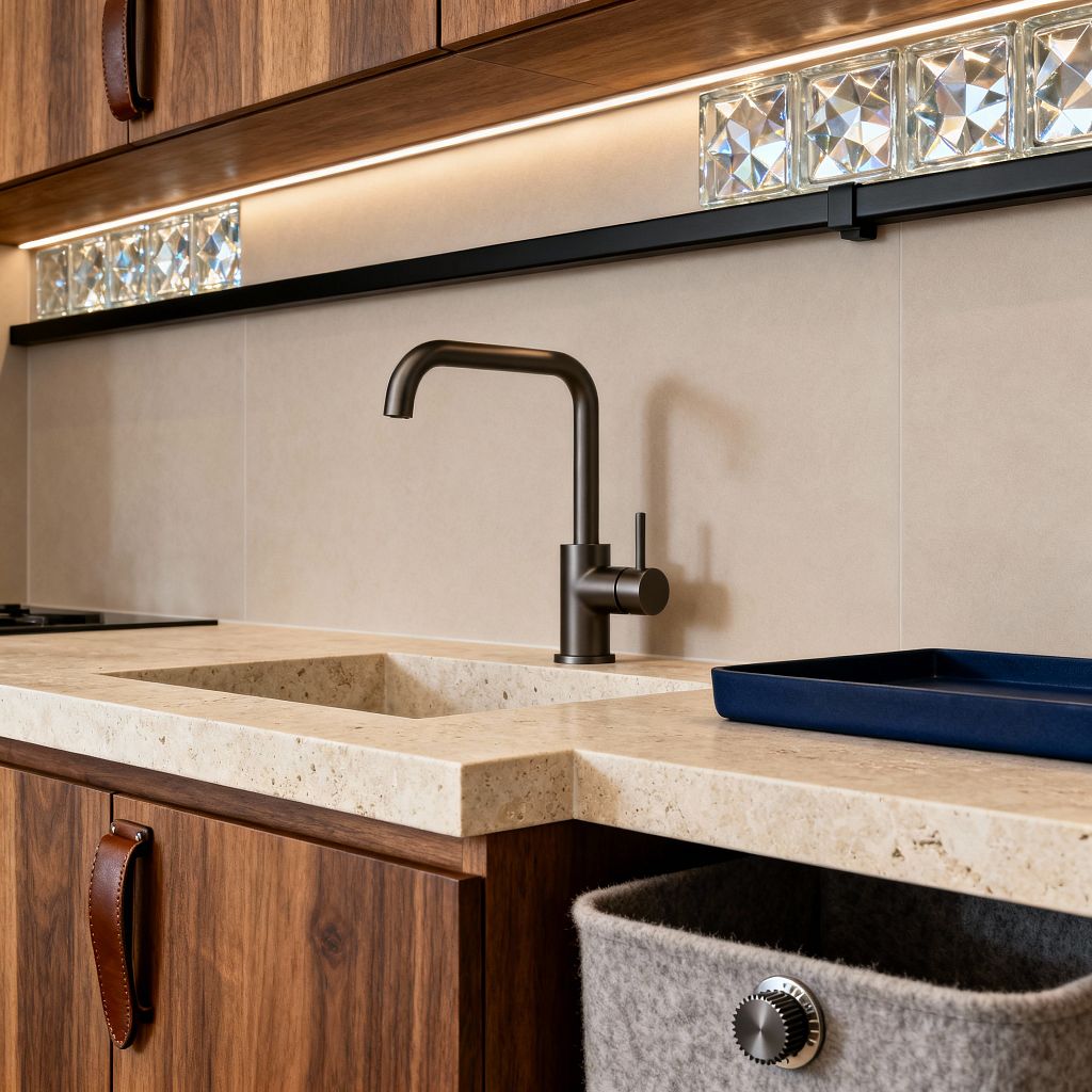 Close-up of a modern laundry room sink with a cream-beige limestone countertop and integrated basin, paired with a matte black single-lever faucet. Walnut cabinets with leather strap handles sit below under-cabinet LED lighting, a beige large-format tile backsplash, and a slim black rail trimmed with faceted glass blocks; a soft gray felt pull-out hamper is visible at the side and a deep navy tray rests on the counter.