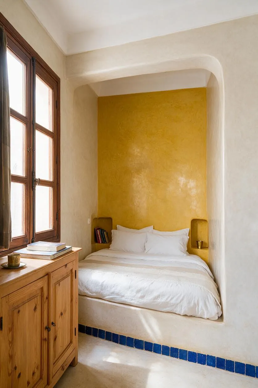 A compact Moroccan-style master bedroom with a built-in bed alcove framed by smooth plaster arches. The space features a mustard-yellow niche wall, white bedding, a wooden window with daylight, a pine cabinet in the foreground, and a blue tile border along the floor.