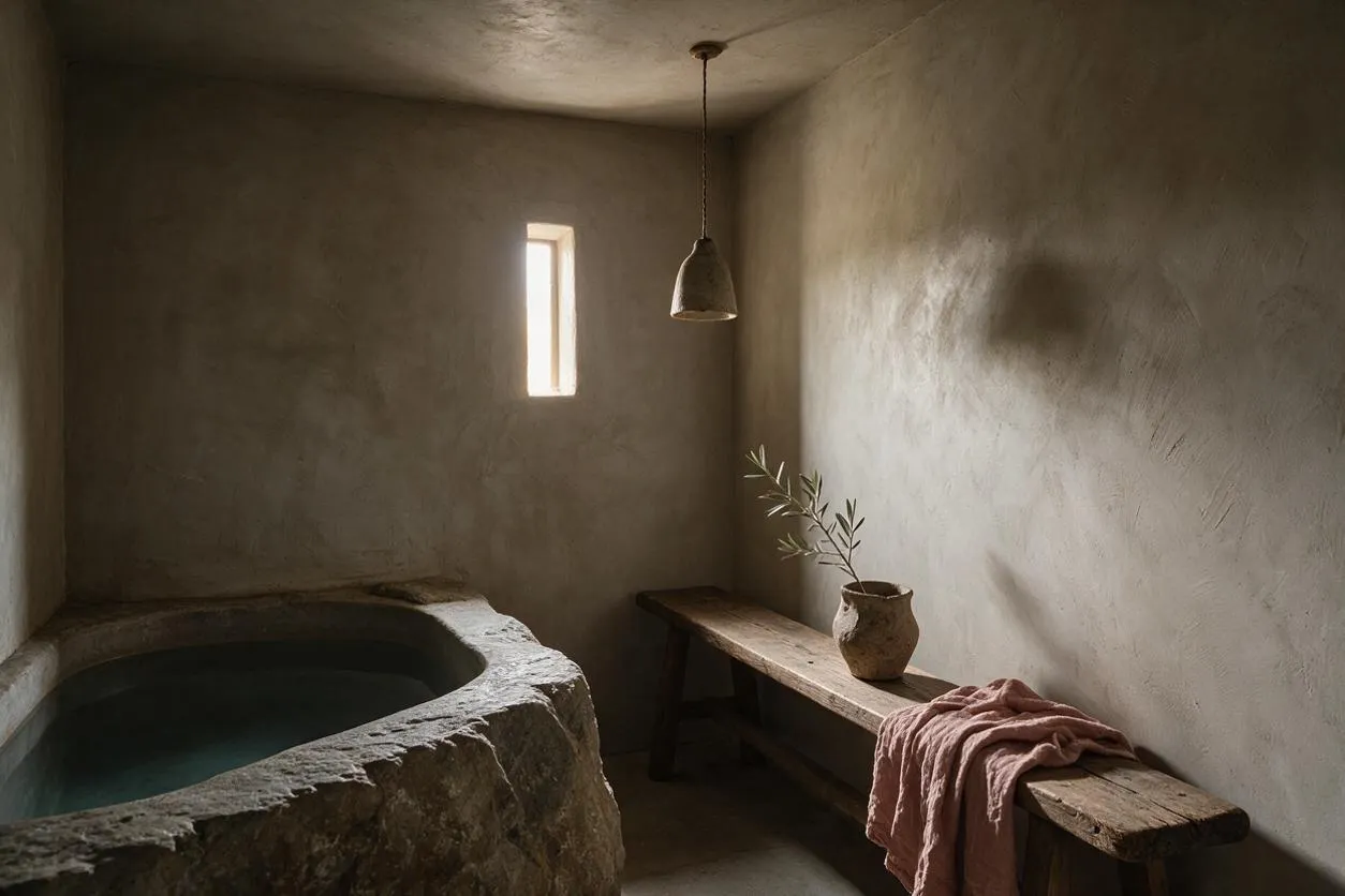 A small basement room styled in Wabi-Sabi simplicity, with rough plaster walls, a stone soaking tub on the left, and a narrow window bringing in soft daylight. A rustic wooden bench on the right holds a clay vase with branches and a draped pink towel, while a single pendant light hangs from the ceiling.
