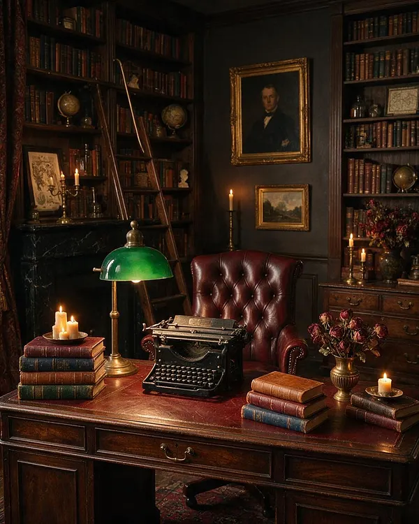 A dark academia study with tall bookshelves filled with old books, a burgundy tufted leather chair, and a worn wooden desk. The desk is styled with a black typewriter, stacked leather-bound books, a green banker’s lamp, brass candlesticks, small framed art, and dried flowers, all lit by warm candlelight.