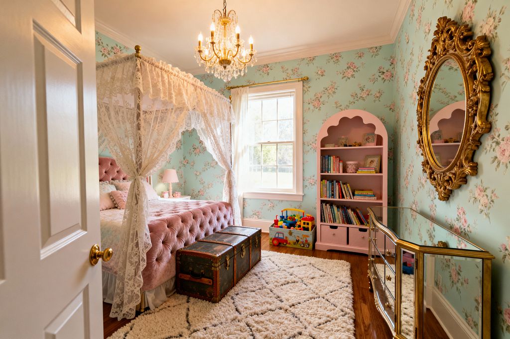A kids’ bedroom with mint floral wallpaper centers on a blush pink tufted velvet canopy bed draped in white lace. A gold and crystal chandelier hangs overhead; an antique trunk sits at the foot; a scalloped pink bookcase, gold-trimmed mirrored dresser, ivory trellis shag rug, and white curtained window sit on warm hardwood floors with toys and books neatly arranged.