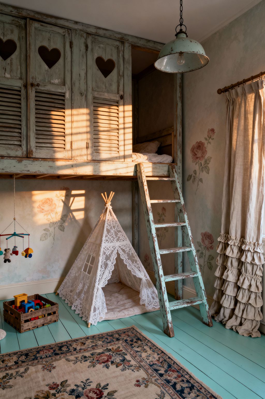 A children’s room in shabby chic style with a built-in loft bed framed by distressed seafoam wood cabinets with heart cutouts and a matching ladder. Sunlight falls across hand-painted rose walls, aqua-painted plank floors, and a vintage floral rug; a white lace teepee rests below the loft beside ruffled beige linen curtains and a patina mint enamel pendant light, with a wooden crate of toys and a small mobile completing the cozy, timeworn look.