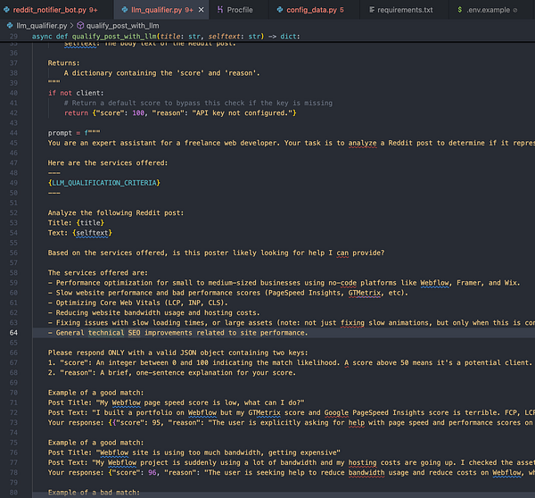 The image displays a code snippet from a Python script related to analyzing Reddit posts for client qualification.