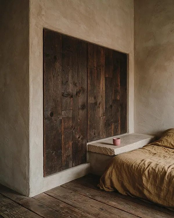 A serene studio apartment corner with rough plaster walls, a dark reclaimed wood panel inset in the wall, and wide weathered wood floorboards. A low bed with muted ochre bedding sits beside a stone ledge holding a small pink cup, creating a warm minimalist Wabi-Sabi atmosphere.
