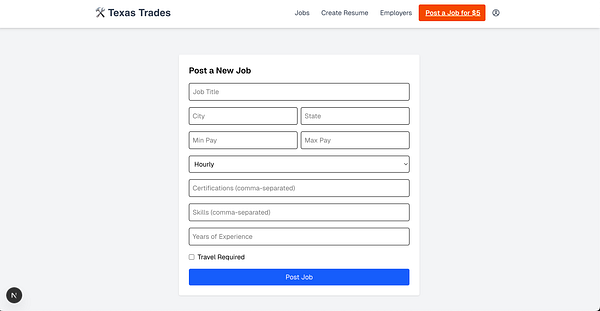 The image displays a job posting form for the Texas Trades website.