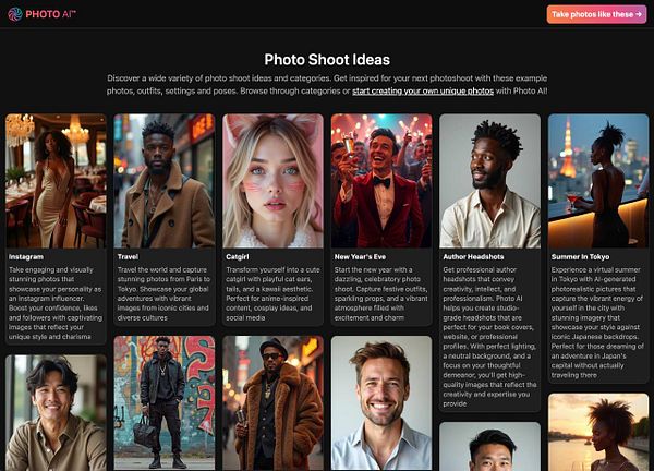 The image displays a collection of photo shoot ideas presented in a card format, featuring various themes and descriptions.