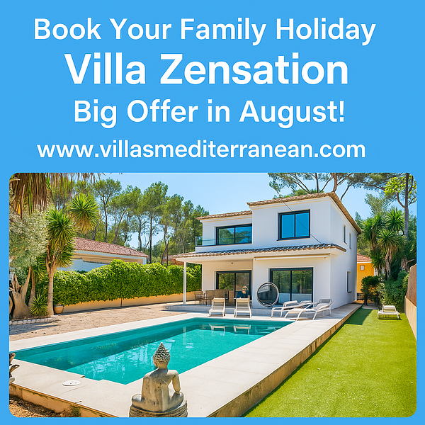 A modern villa with a swimming pool surrounded by lush greenery, promoting a family holiday offer.