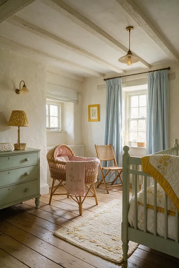 A cozy cottage-style nursery with white plaster walls, exposed ceiling beams, and wide plank wood floors. The room includes a mint-green crib, a wicker bassinet with pink bedding, a small rattan chair, pale blue curtains, a painted dresser, and warm brass lighting.