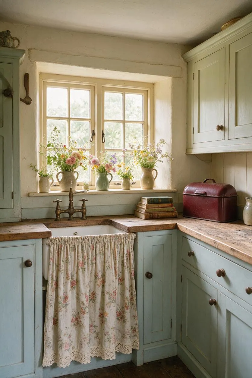 A cozy cottagecore kitchen with pale sage cabinets, a wooden countertop, and a farmhouse sink beneath a small multipane window. Flower-filled pitchers line the sill, and a floral fabric curtain hangs in front of the sink, creating a warm, lived-in country atmosphere.
