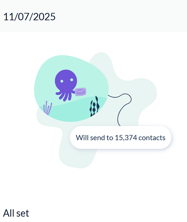 A colorful illustration featuring an octopus preparing to send a newsletter to a large number of contacts.