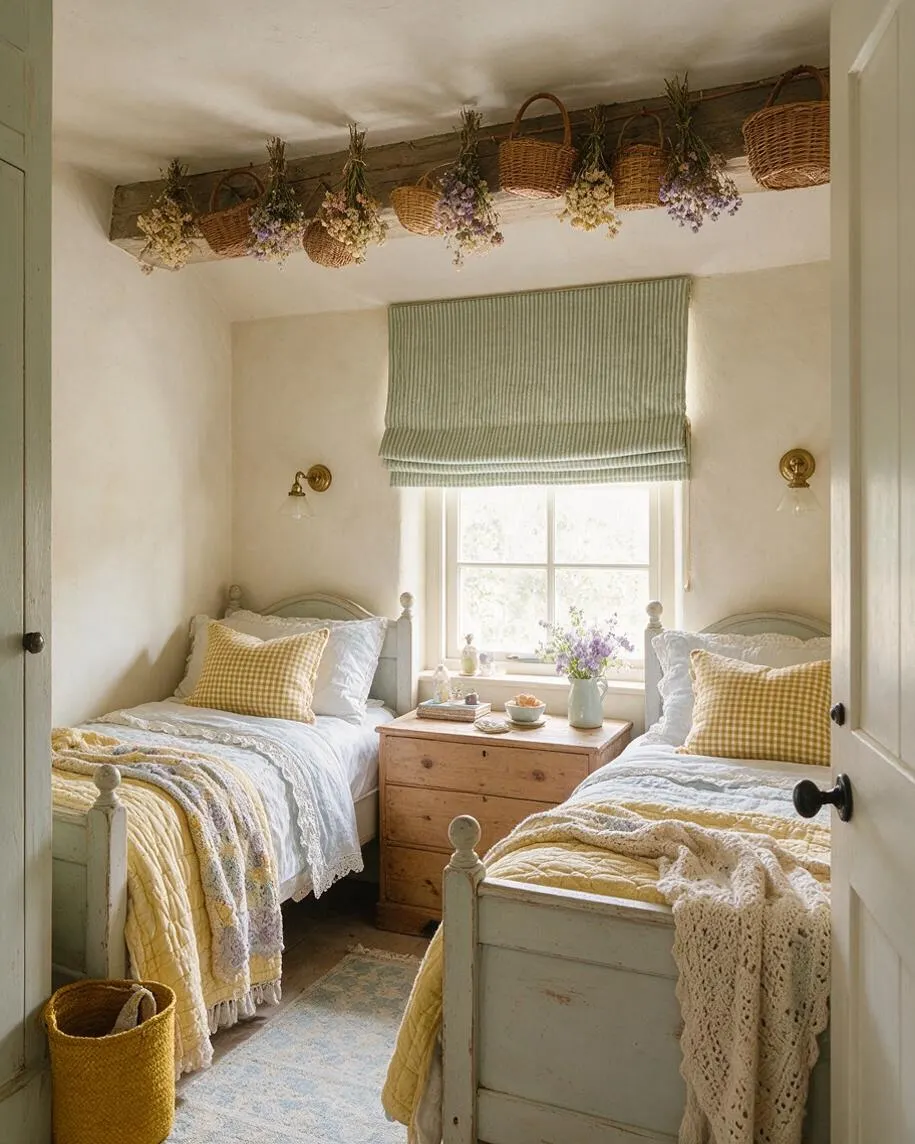 A small cottagecore kids' room with two twin beds in pale mint wood, soft white bedding, yellow gingham pillows, and layered quilts. A wooden dresser sits between the beds beneath a bright window with a green Roman shade, while woven baskets filled with dried flowers hang from a rustic ceiling beam.