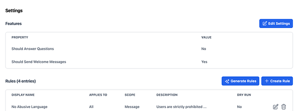 The image displays a settings interface with features and rules for user configurations.