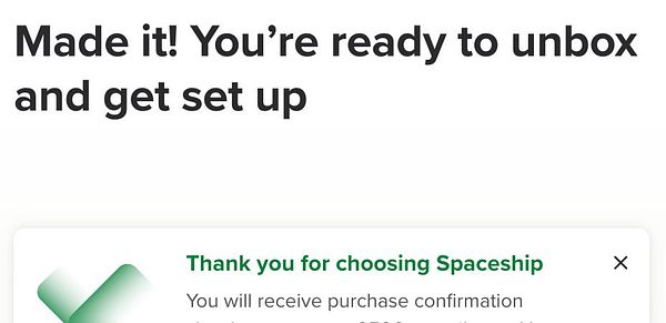 The image displays a confirmation message for a domain purchase from Spaceship.