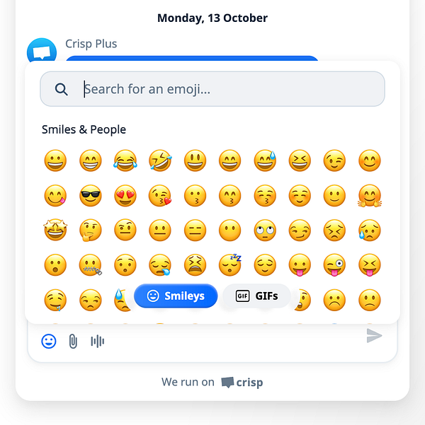The image displays an emoji picker interface from the Crisp chatbox.