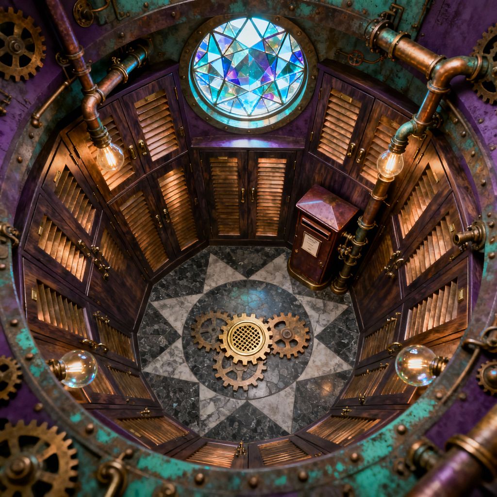 A circular steampunk mudroom with dark-stained louvered wood lockers encircling a star-patterned marble floor. A brass gear drain anchors the center, while verdigris metal panels, rivets, exposed copper pipes, and Edison bulbs add industrial detail. A jewel-toned stained-glass oculus illuminates purple walls and a small vintage parcel box, with decorative gears integrated along the rim.