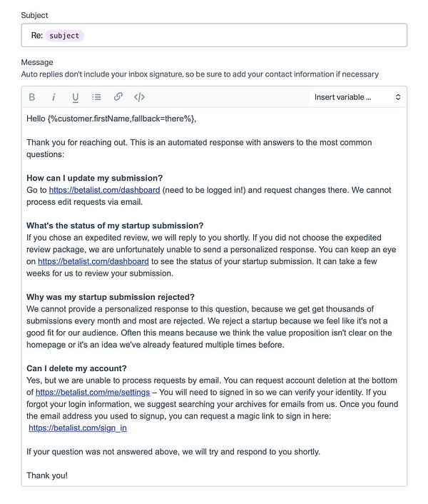 The image displays a template for an automated email response to support inquiries.