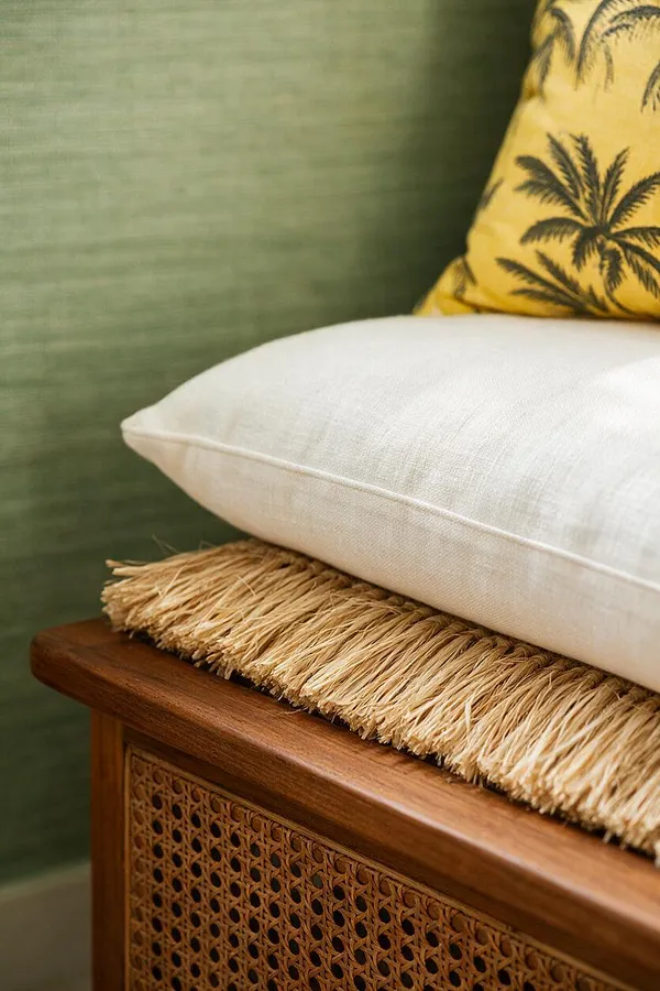 A close-up of a tropical-style bench layered with a white linen cushion and a straw-like natural fiber seat pad. The wooden frame features woven rattan detailing, while a yellow palm-print pillow and soft green wall create a fresh, relaxed look.