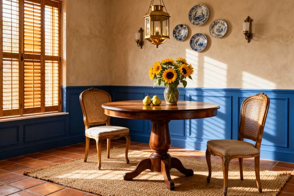 A cozy dining nook features a round wood pedestal table with two cane-back chairs on a jute rug over terracotta tile. Deep French blue paneled wainscoting lines limewashed beige walls, decorated with blue-and-white porcelain plates and flanked by brass candle sconces; a brass lantern pendant hangs above while wooden shutters bathe the space in sunlight, highlighting a vase of sunflowers and three pears on the tabletop.