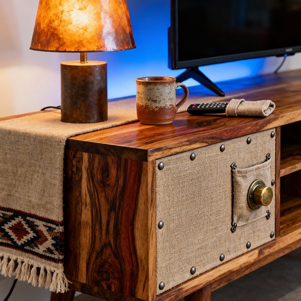 A close-up of a rustic media console shows a solid wood surface with bold grain, a burlap-covered cabinet door edged in nailhead studs and a round antique brass knob, and open shelving. On top sits a patinated metal table lamp with a glowing amber shade, beside a stoneware mug and a fabric runner with fringed, kilim-style trim. A television on a black stand is backlit by cool blue LED light, with a remote and rolled cloth nearby.