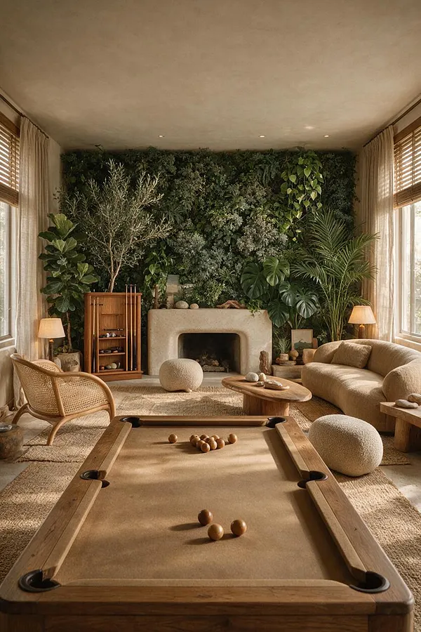 A serene game room with a pool table in the foreground, surrounded by rattan, wood, and beige upholstery. A living plant wall covers the back wall behind a plaster fireplace, with large windows, sheer curtains, and woven shades bringing in soft daylight.