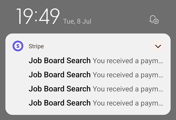 The image displays a smartphone notification screen showing multiple payment notifications from Stripe.