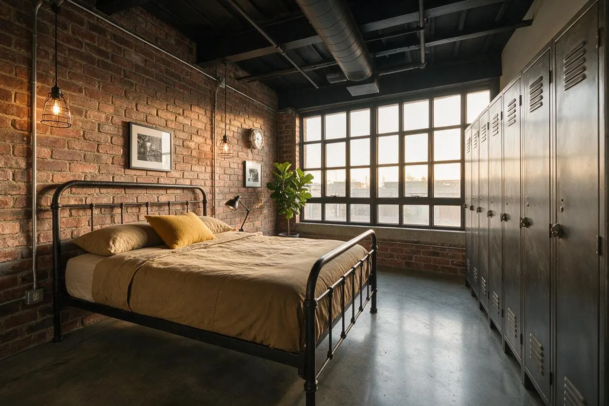 An industrial master bedroom with exposed red brick walls, a black metal bed frame, and a row of gray metal lockers along one side. Large grid windows bring in daylight, while pendant cage lights, a concrete floor, and visible ceiling ducts reinforce the loft-like atmosphere.