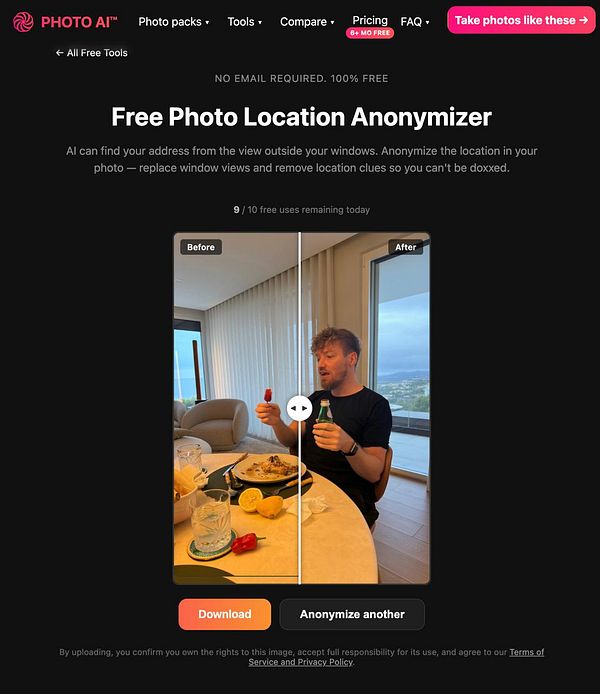 A webpage interface showcases a tool called Location Anonymizer with options for loading photos and toggling location anonymization.