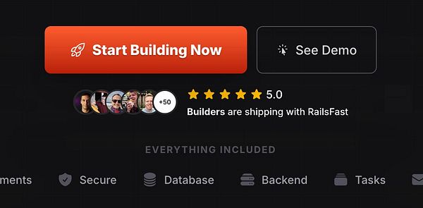 User interface of a RailsFast signup section with a green Get beta access button and circular user avatars below for social proof.