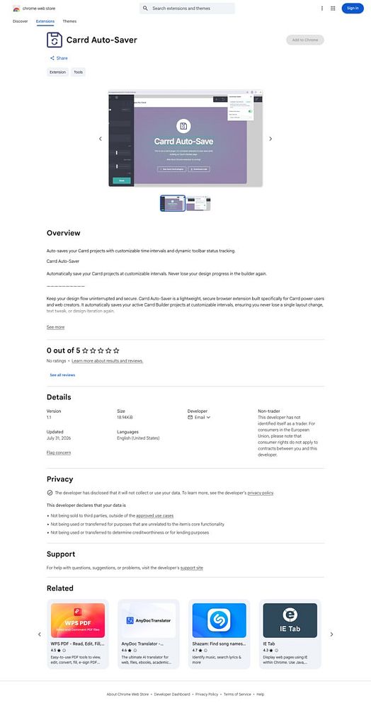 Screenshot of the Carrd Auto-Save Chrome extension page on the Chrome Web Store.