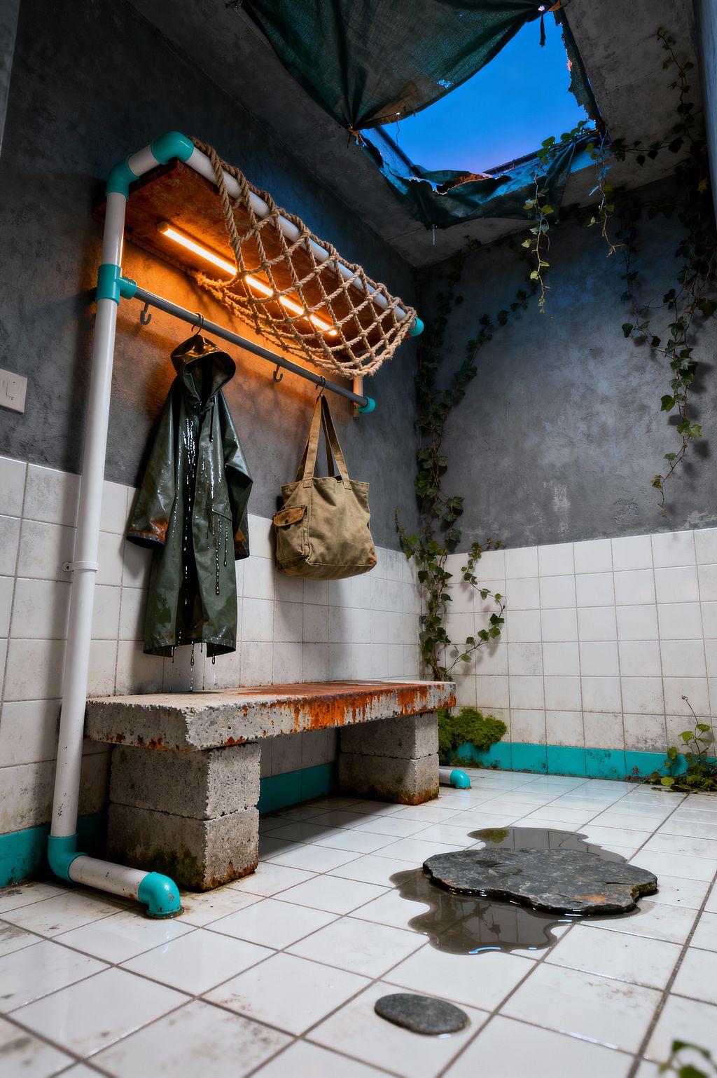 A compact mudroom features white square tile floors and lower walls with an aqua base and gray plaster above, where vines climb. A concrete bench on cinder blocks sits below a DIY PVC rack with teal joints; a warm strip light glows under a rusted panel with a rope cargo-net shelf above, while a dark green raincoat and a khaki canvas bag hang. A torn tarp leaves an open skylight, and puddles with flat stones collect on the floor.