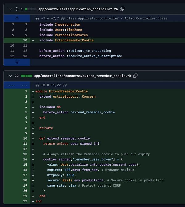 The image displays a code snippet from a Ruby on Rails application, focusing on cookie management for user sessions.