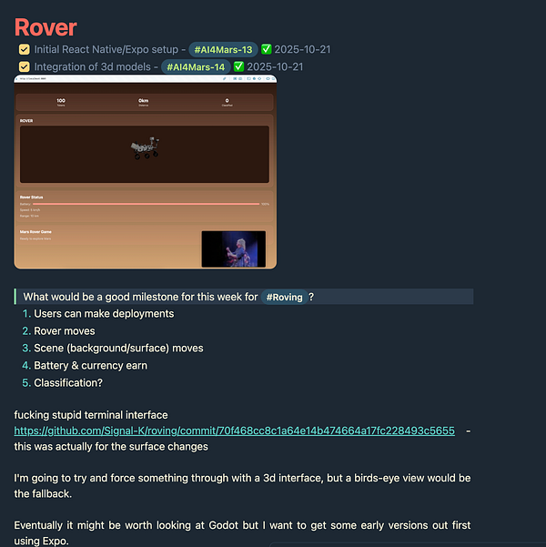 The image displays a task management interface with a focus on a project related to a rover minigame.