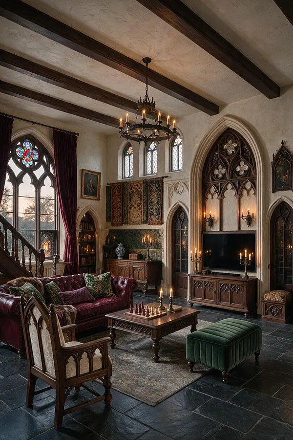 A dramatic Gothic-style basement lounge with pointed arched windows, dark stone tile flooring, exposed ceiling beams, and a black iron chandelier with candle-style lights. The room features a burgundy leather sofa, carved wood seating, a chess table, a green velvet ottoman, tapestry wall hangings, and a TV framed by ornate carved paneling and sconces.