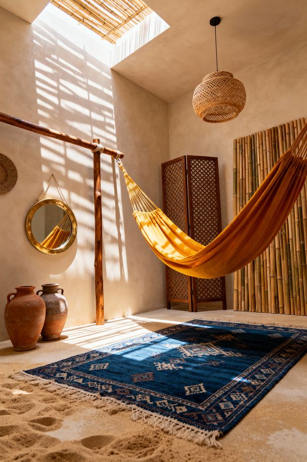 A sunlit Bohemian home gym features an ochre cotton hammock suspended from a wooden beam beneath a skylight shaded by bamboo slats, casting striped shadows across warm plaster walls. A deep indigo fringed rug defines the floor over sand-like texture, with terracotta pots, a brass round mirror, a rattan pendant, a lattice wood screen, and vertical bamboo cladding creating a relaxed zone for yoga, stretching, and aerial recovery.