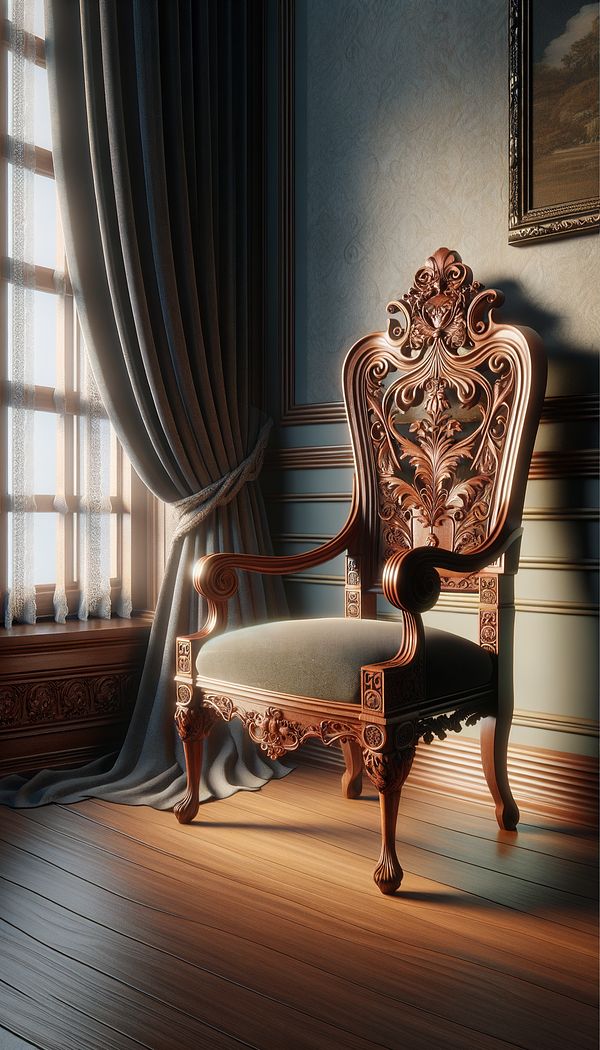 A Victorian-style room featuring a solid wood spoon back chair with intricate carvings, positioned next to a large window draped with heavy curtains.