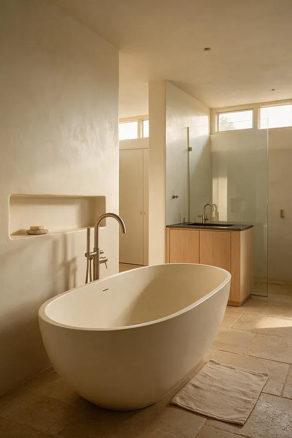 A minimalist master bathroom with a large oval freestanding tub in the foreground, set on a stone tile floor. The room features warm beige plaster walls, a wall niche, a light wood vanity with a dark countertop, a glass shower partition, and high clerestory windows that bring in soft natural light.