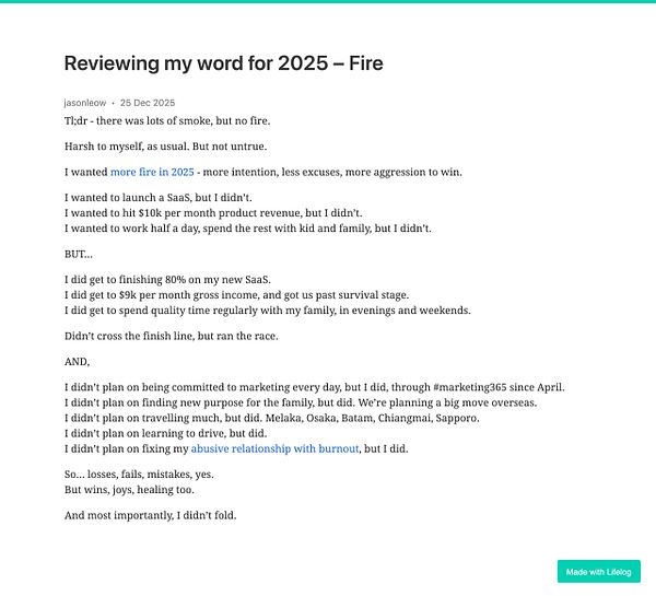 A personal reflection on goals and achievements for the year 2025, focusing on the theme of 'Fire'.