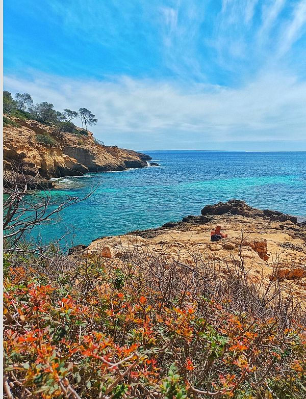 A scenic coastal view featuring rocky cliffs, clear blue water, and a person sitting on the rocks.