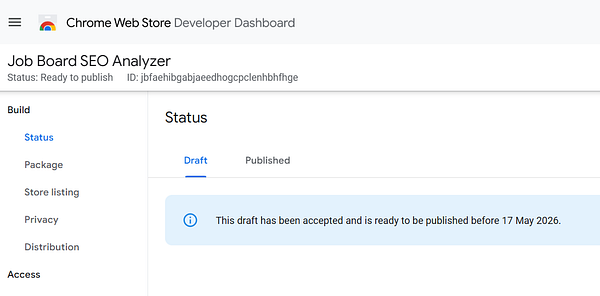 Screenshot of a popup notification confirming Chrome extension approval and its details.
