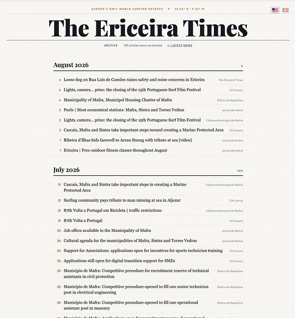 Screenshot of a news archive website page titled 'Ericeira Times' with categorized and dated news articles.