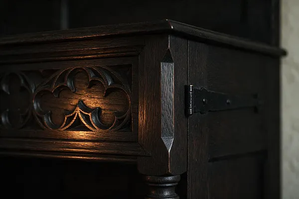 A close-up of a dark wooden Gothic-style cabinet corner with carved quatrefoil and pointed arch motifs, a faceted leg, and black metal hinge hardware. Warm light grazes the wood grain and highlights the deep brown-black finish against a dark background.
