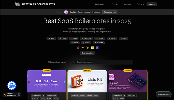 The image displays a dark-themed webpage titled 'Best SaaS Boilerplates in 2025' featuring various software templates.