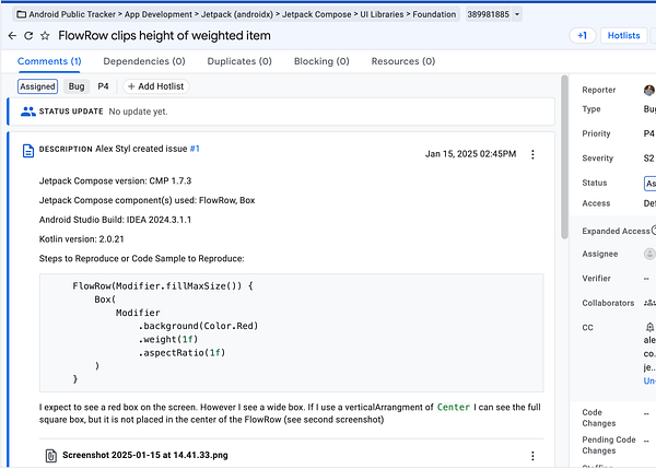 The image displays a bug report interface for Jetpack Compose regarding an issue with FlowRow component.