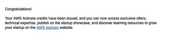 An email notification confirming the issuance of AWS Activate credits.