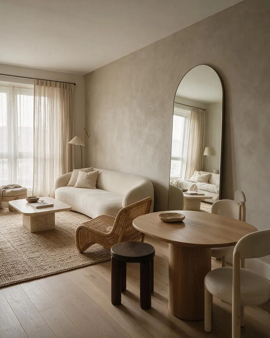 A serene studio apartment living area with a cream curved sofa, a round wooden dining table, and woven and upholstered chairs on light wood floors. Sheer curtains filter daylight beside a tall arched floor mirror and a textured neutral wall.